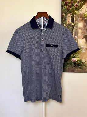 Ted Baker London Sculpt Geo Print Polo Shirt Navy White Men’s XS